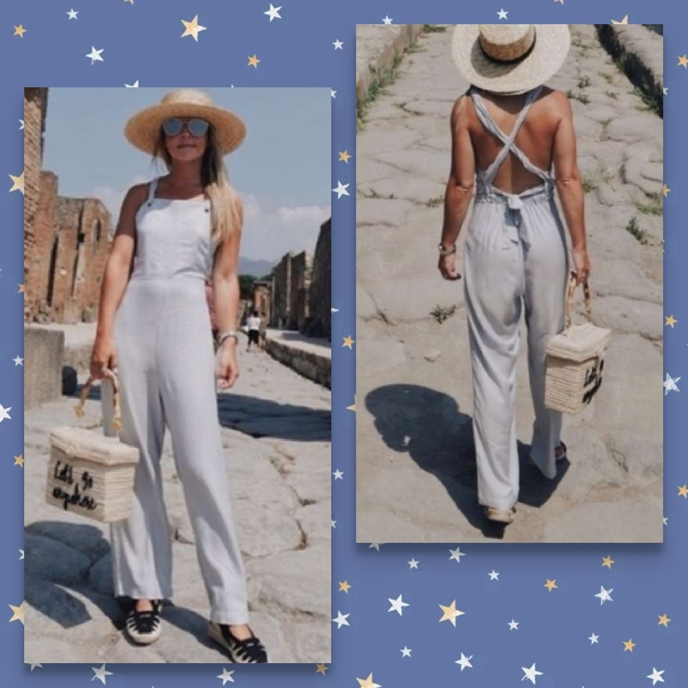 💋 WILDFOX Gene Romper Jumpsuit Chambray Stripes Criss Cross Back